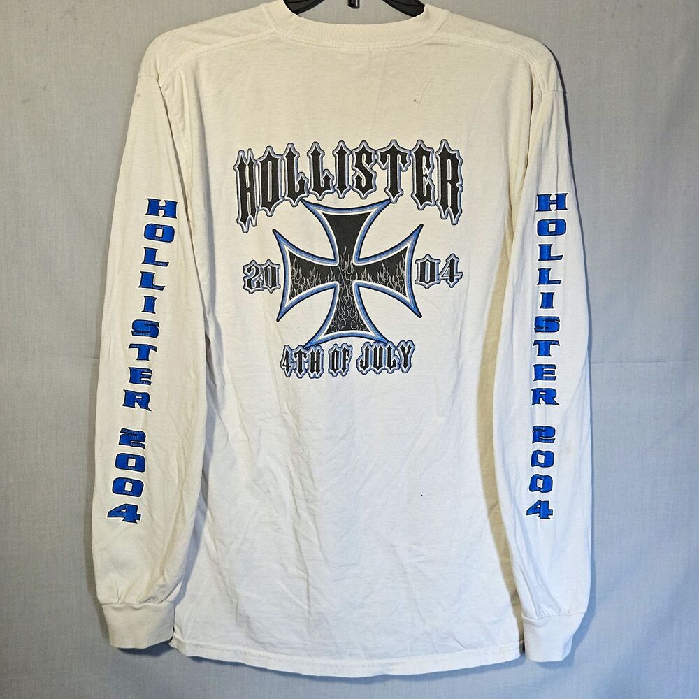 2004 Hollister 4th Of July Iron Cross Flames LS Shirt White Motorcycle Bike Week